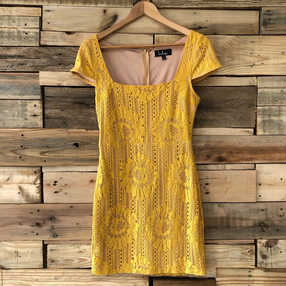 LULUS Lilian Yellow Lace Fitted Mini Dress, Size M